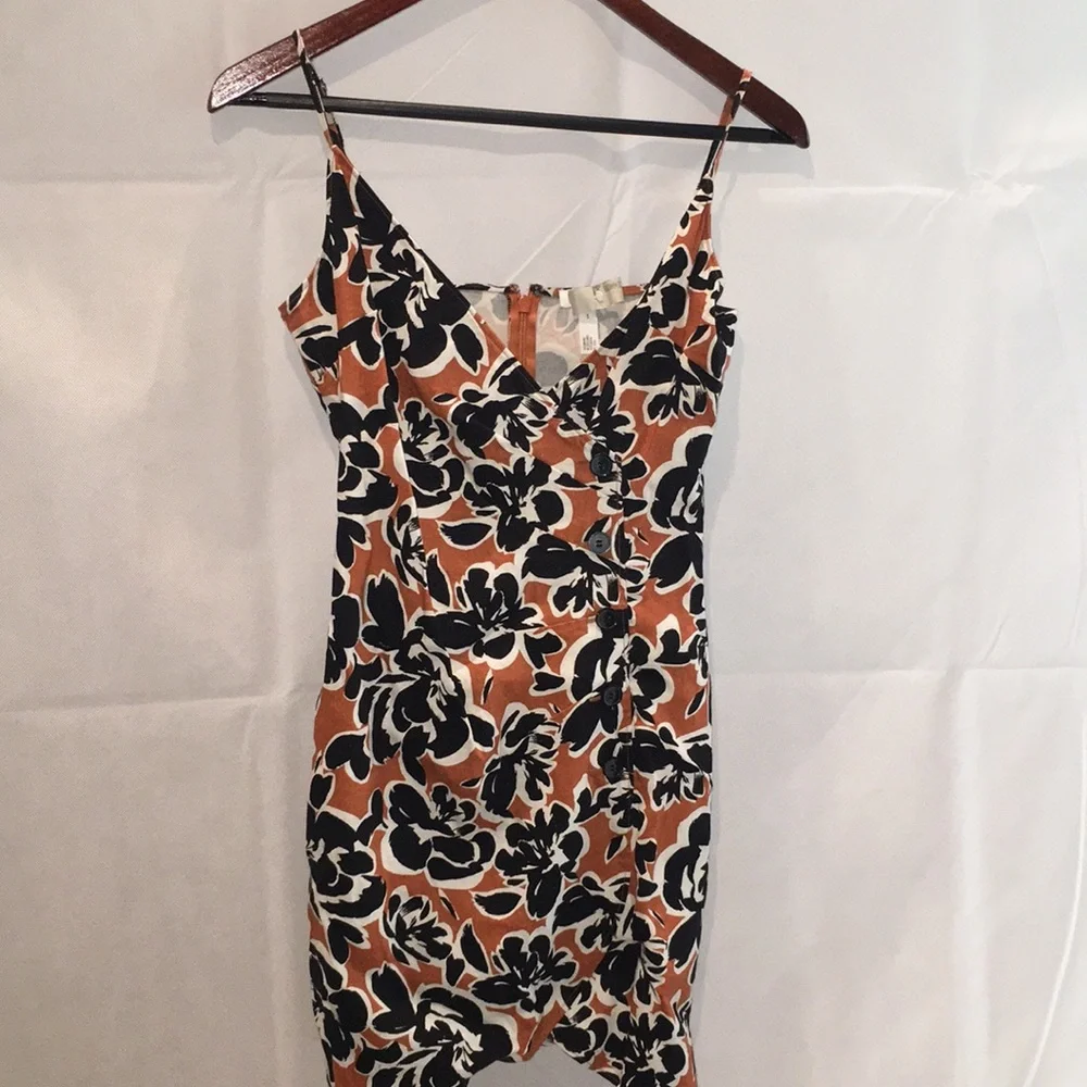 Leith Brown & Black Floral Ruched Slip Dress | Size S